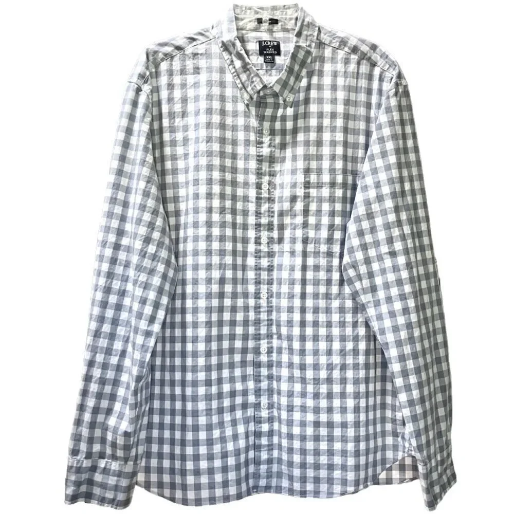 J Crew Flex Washed Slim Fit Check Button Down Shirt in Grey/White Men’s XXL